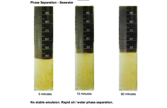 Core Laboratories seawater phase-separation observations at 5, 15 and 60 minutes